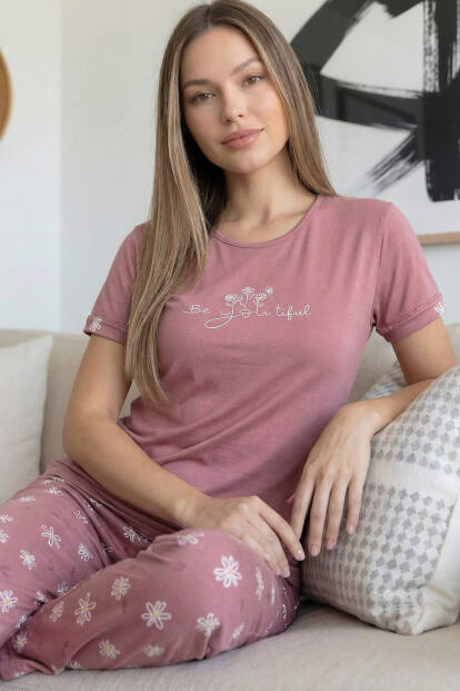 Pudra Beautiful Desenli Bambu Kısa Kol Kadın Pijama Takımı - 2