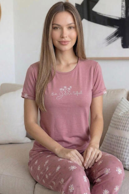 Pudra Beautiful Desenli Bambu Kısa Kol Kadın Pijama Takımı - 4