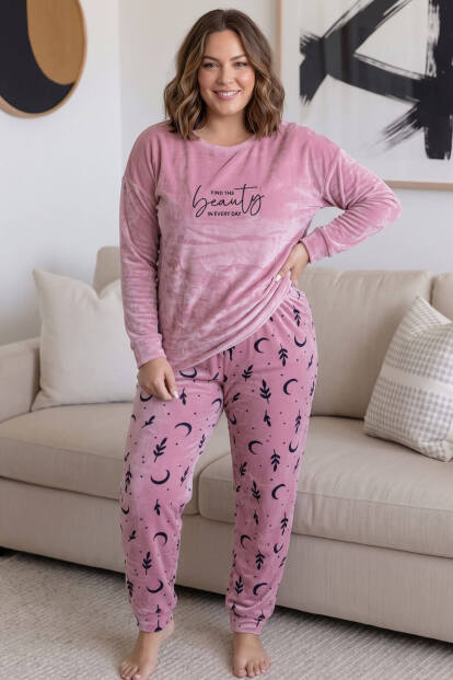 Pudra Beauty Desenli Exclusive Battal Büyük Beden Kadife Kadın Pijama Takımı  - 5