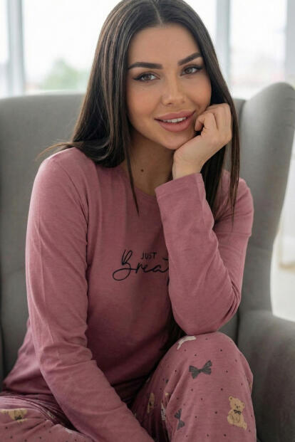 Pudra Breathe Desenli Uzun Kollu Bambu Örme Kadın Pijama Takımı - 2