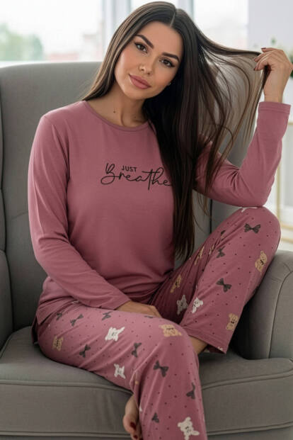 Pudra Breathe Desenli Uzun Kollu Bambu Örme Kadın Pijama Takımı - 3