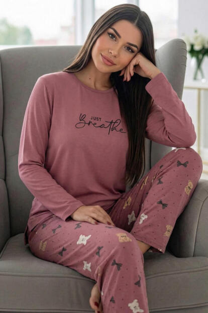 Pudra Breathe Desenli Uzun Kollu Bambu Örme Kadın Pijama Takımı - 5