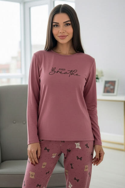 Pudra Breathe Desenli Uzun Kollu Bambu Örme Kadın Pijama Takımı - 6