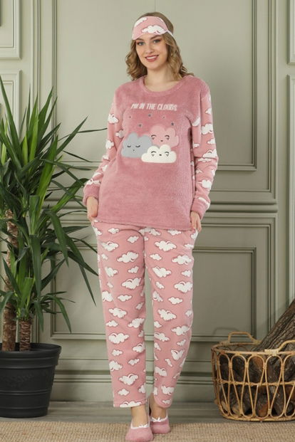 Pudra Bulut Desenli Kadın Peluş Pijama Takımı - 1