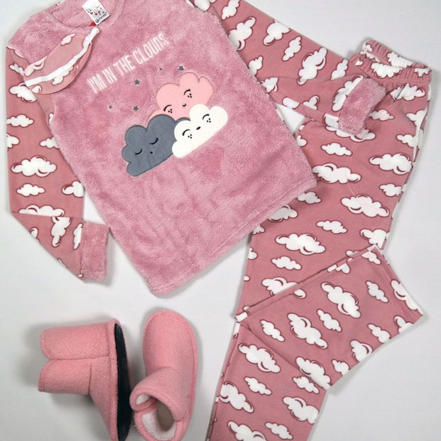 Pudra Bulut Desenli Kadın Peluş Pijama Takımı - 2