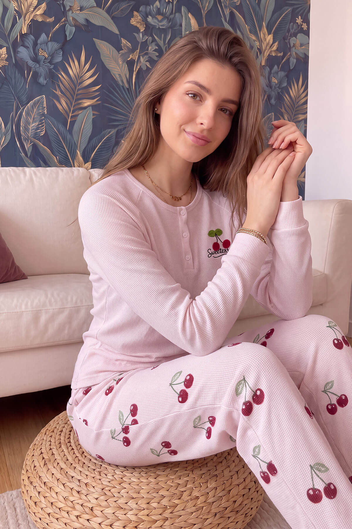 Pudra Cherry Desenli Waffle Soft Uzun Kollu Kadın Pijama Takım - Pijamaevi (3)