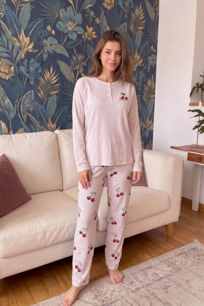 Pudra Cherry Desenli Waffle Soft Uzun Kollu Kadın Pijama Takım - 5