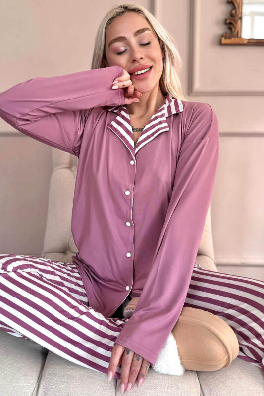 Pudra Çizgi Desenli Bambu Önden Düğmeli Uzun Kol Kadın Pijama Takımı - Pijamaevi