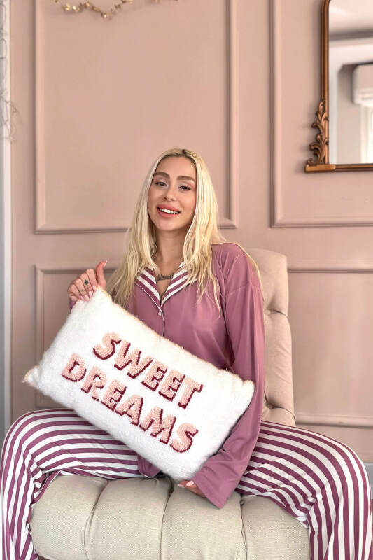Pudra Çizgi Desenli Bambu Önden Düğmeli Uzun Kol Kadın Pijama Takımı - Pijamaevi (1)