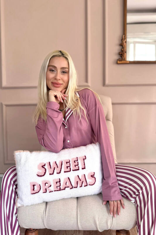 Pudra Çizgi Desenli Bambu Önden Düğmeli Uzun Kol Kadın Pijama Takımı - Pijamaevi (2)