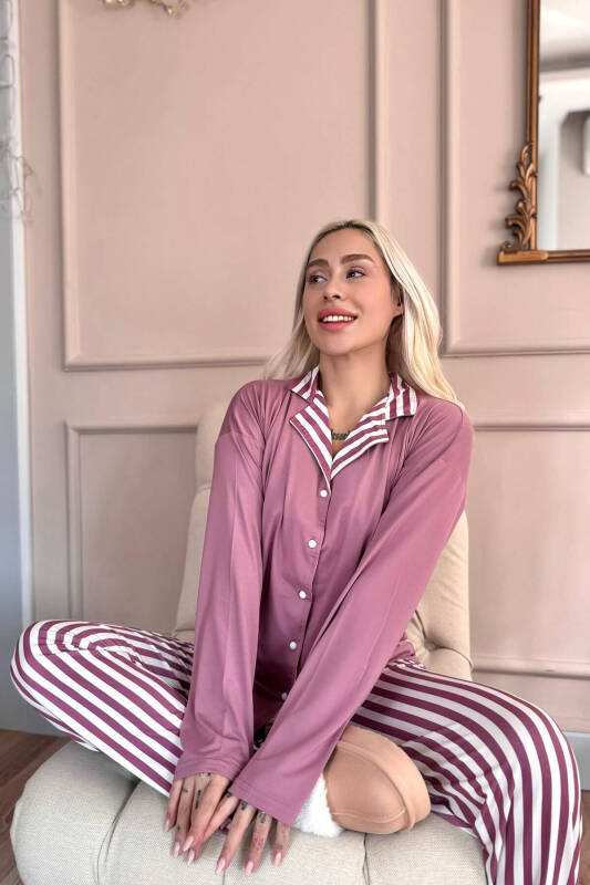 Pudra Çizgi Desenli Bambu Önden Düğmeli Uzun Kol Kadın Pijama Takımı - Pijamaevi (3)