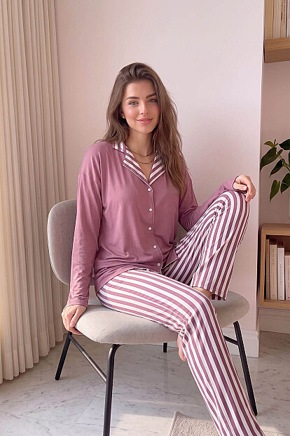 Pudra Çizgi Desenli Bambu Önden Düğmeli Uzun Kol Kadın Pijama Takımı - 5