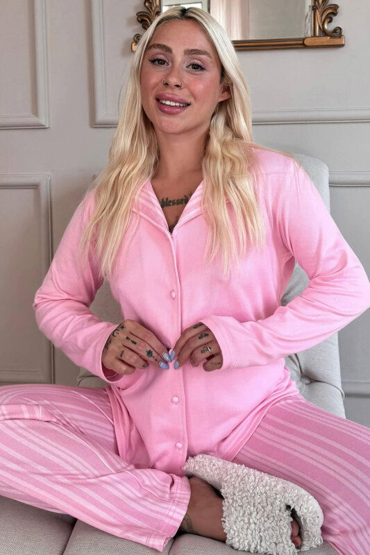 Pudra Çizgi Desenli Termal Önden Düğmeli Kadın Pijama Takımı - Pijamaevi
