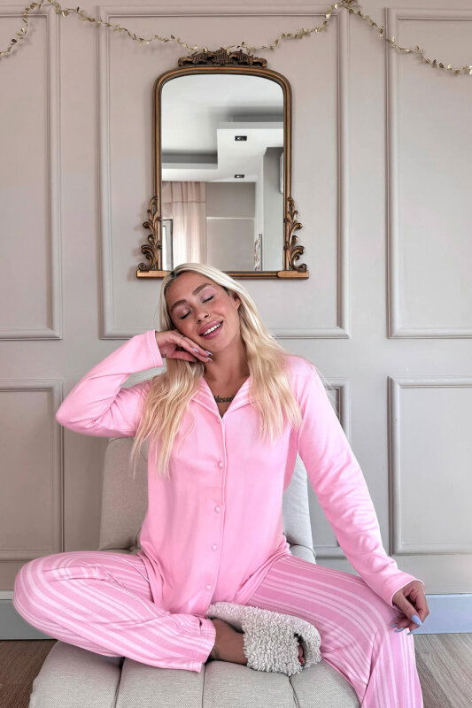 Pudra Çizgi Desenli Termal Önden Düğmeli Kadın Pijama Takımı - Pijamaevi (2)