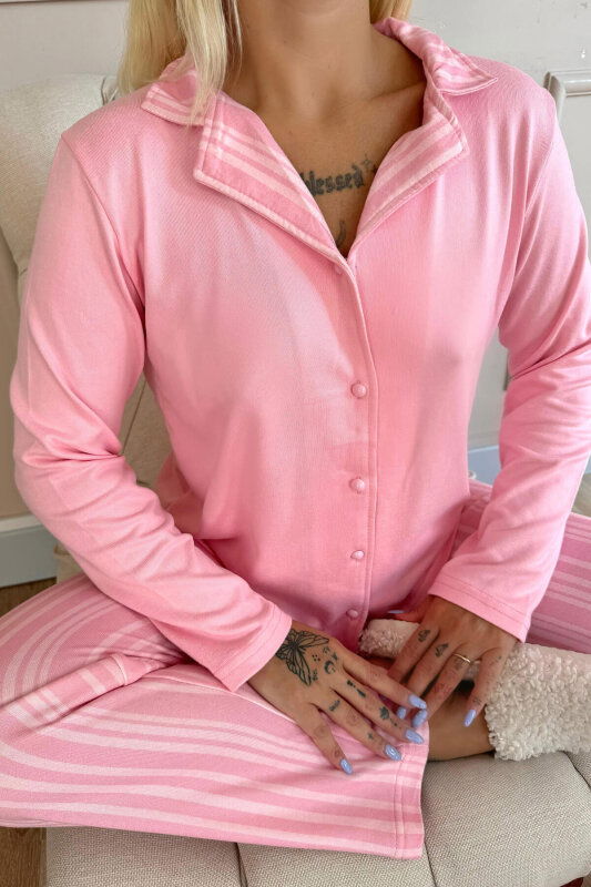 Pudra Çizgi Desenli Termal Önden Düğmeli Kadın Pijama Takımı - Pijamaevi (3)