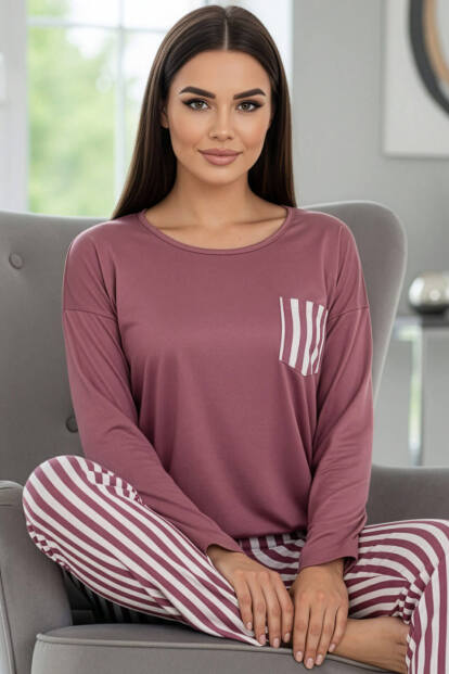 Pudra Çizgi Desenli Uzun Kollu Bambu Örme Kadın Pijama Takımı 