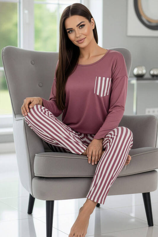 Pudra Çizgi Desenli Uzun Kollu Bambu Örme Kadın Pijama Takımı - Pijamaevi (2)