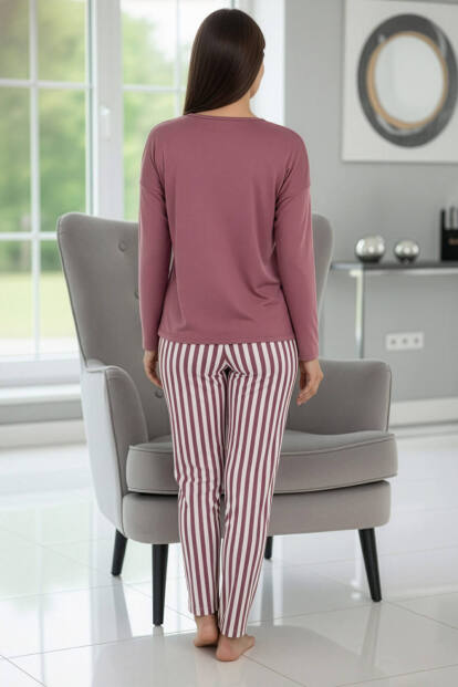 Pudra Çizgi Desenli Uzun Kollu Bambu Örme Kadın Pijama Takımı - 6