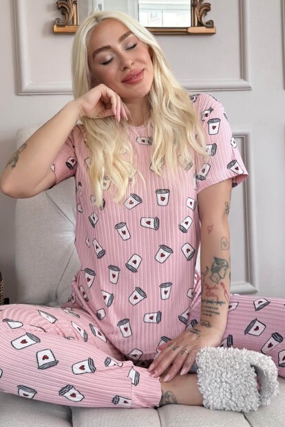 Pudra Coffee Desenli Kısa Kol Örme Zincir Kadın Pijama Takımı - 6