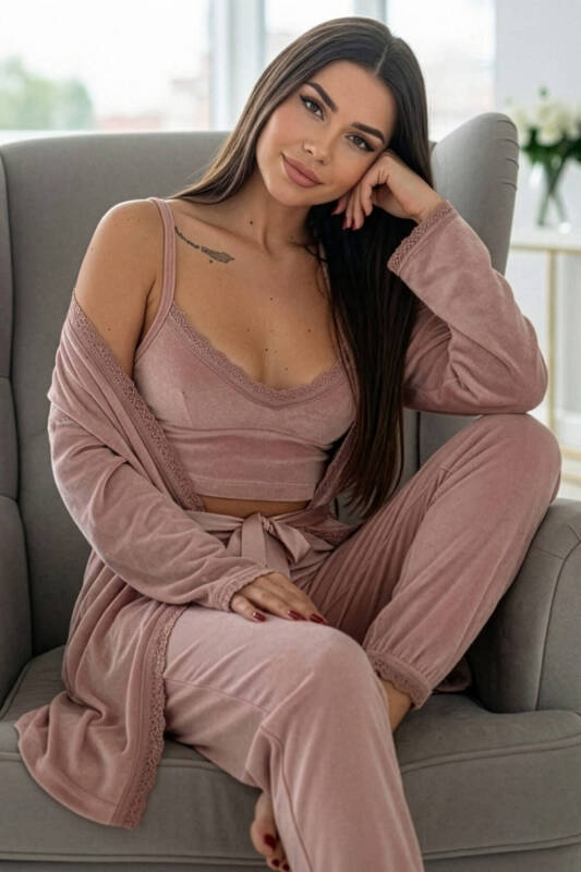 Pudra Crop Exclusive Kadife Sabahlıklı Kadın Pijama Takımı  - Pijamaevi