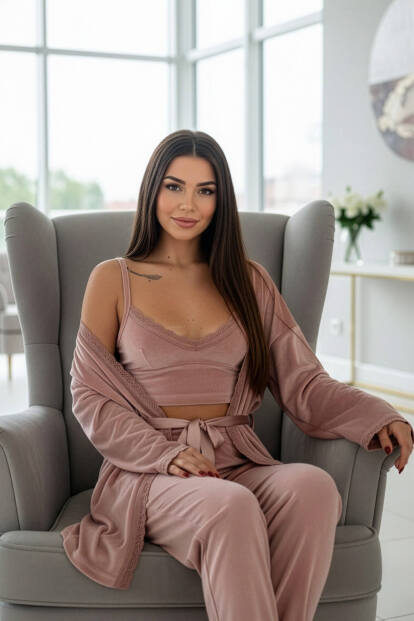 Pudra Crop Exclusive Kadife Sabahlıklı Kadın Pijama Takımı  - 2