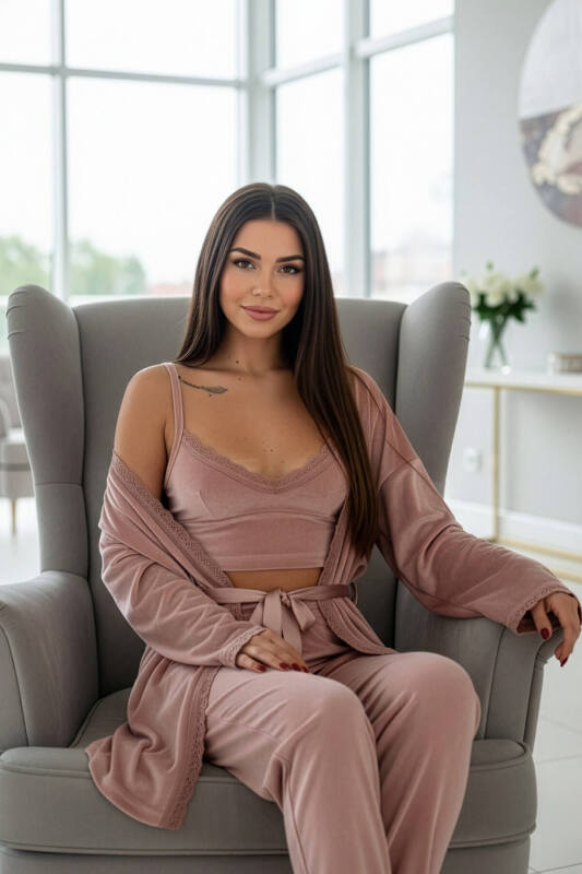 Pudra Crop Exclusive Kadife Sabahlıklı Kadın Pijama Takımı  - Pijamaevi (1)