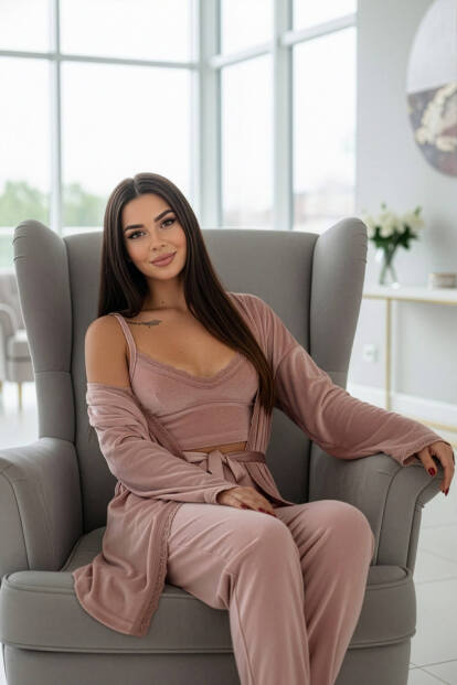 Pudra Crop Exclusive Kadife Sabahlıklı Kadın Pijama Takımı  - 3