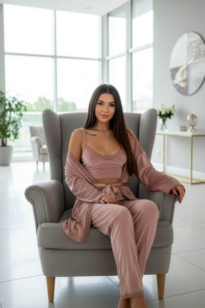 Pudra Crop Exclusive Kadife Sabahlıklı Kadın Pijama Takımı  - 4