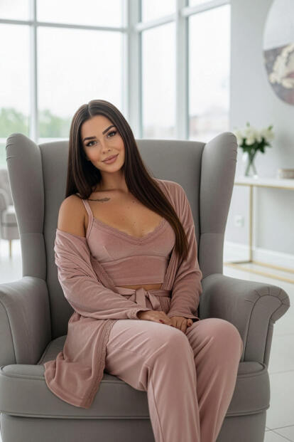 Pudra Crop Exclusive Kadife Sabahlıklı Kadın Pijama Takımı  - 5