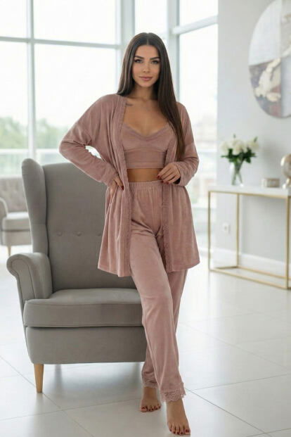 Pudra Crop Exclusive Kadife Sabahlıklı Kadın Pijama Takımı  - 6