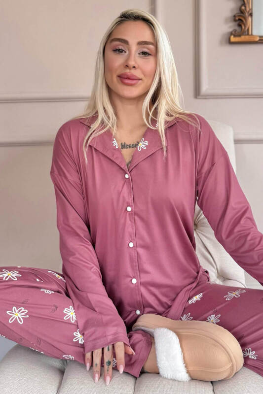 Pudra Daisy Desenli Bambu Önden Düğmeli Uzun Kol Kadın Pijama Takımı - Pijamaevi
