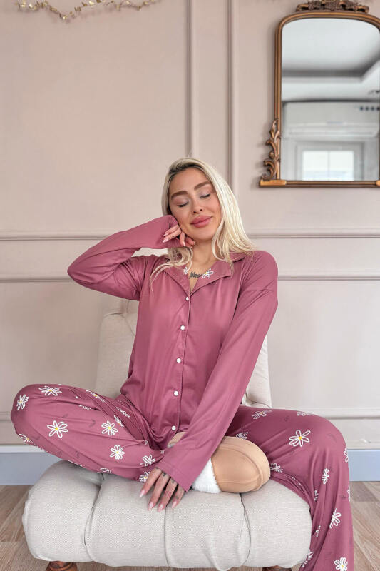 Pudra Daisy Desenli Bambu Önden Düğmeli Uzun Kol Kadın Pijama Takımı - Pijamaevi (1)