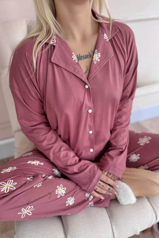Pudra Daisy Desenli Bambu Önden Düğmeli Uzun Kol Kadın Pijama Takımı - Pijamaevi (3)