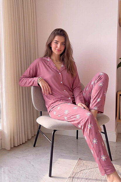 Pudra Daisy Desenli Bambu Önden Düğmeli Uzun Kol Kadın Pijama Takımı - 3