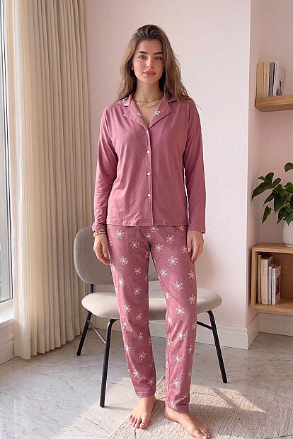 Pudra Daisy Desenli Bambu Önden Düğmeli Uzun Kol Kadın Pijama Takımı - 6