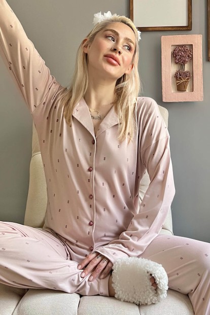 Pudra Double Desenli Bambu Önden Düğmeli Kadın Pijama Takımı - 1