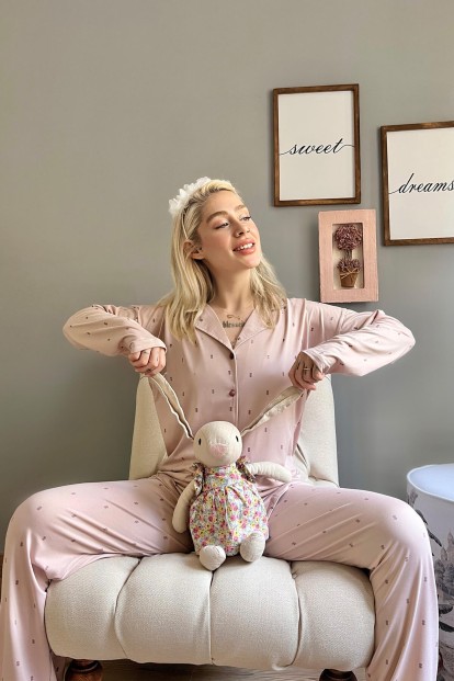 Pudra Double Desenli Bambu Önden Düğmeli Kadın Pijama Takımı - 2