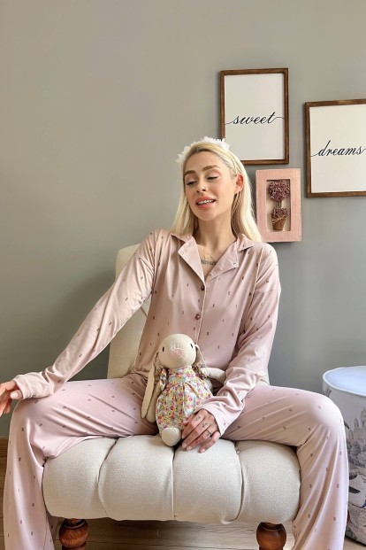 Pudra Double Desenli Bambu Önden Düğmeli Kadın Pijama Takımı - 3