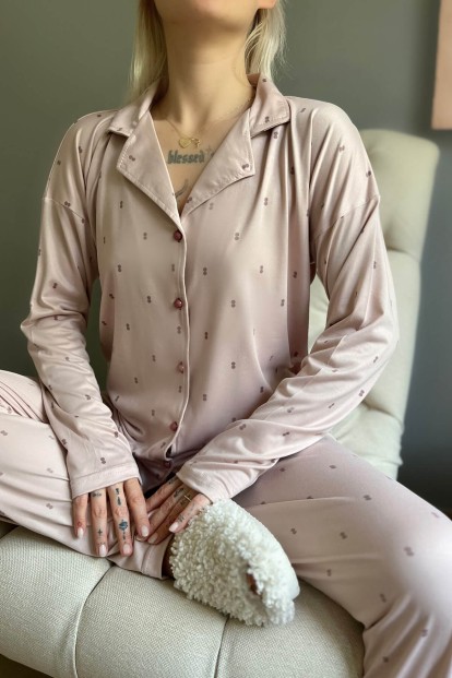 Pudra Double Desenli Bambu Önden Düğmeli Kadın Pijama Takımı - 4