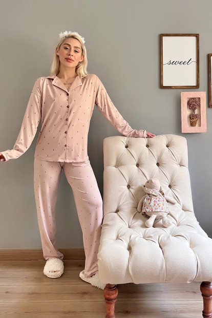 Pudra Double Desenli Bambu Önden Düğmeli Kadın Pijama Takımı - 5