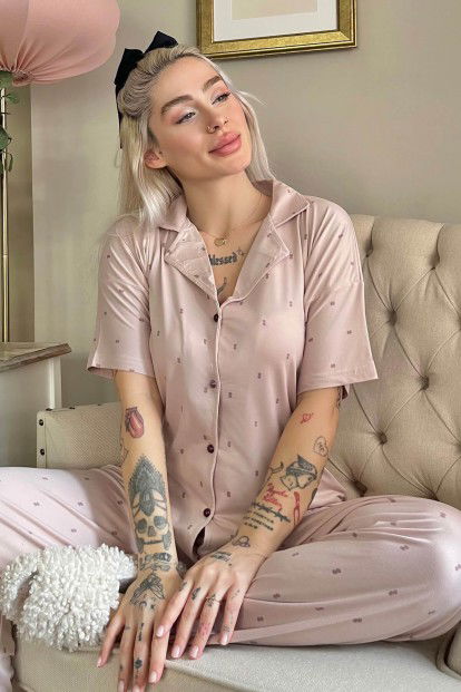 Pudra Double Desenli Bambu Önden Düğmeli Kısa Kol Pijama Takımı - 1