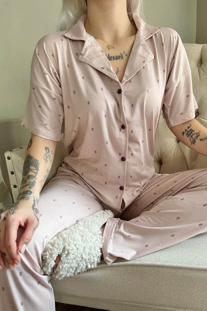 Pudra Double Desenli Bambu Önden Düğmeli Kısa Kol Pijama Takımı - 4