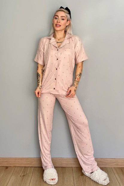 Pudra Double Desenli Bambu Önden Düğmeli Kısa Kol Pijama Takımı - 5