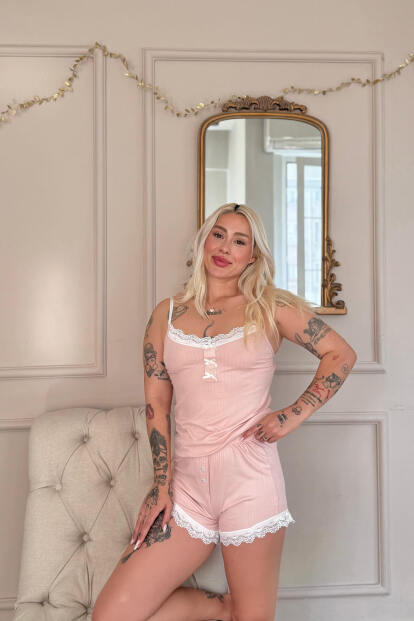 Pudra Dublin Ip Askı Şortlu Kadın Pijama Takımı - 3