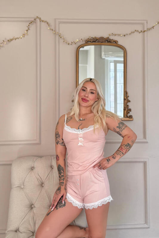 Pudra Dublin Ip Askı Şortlu Kadın Pijama Takımı - Pijamaevi (2)