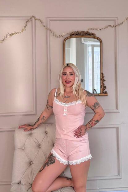 Pudra Dublin Ip Askı Şortlu Kadın Pijama Takımı - 4