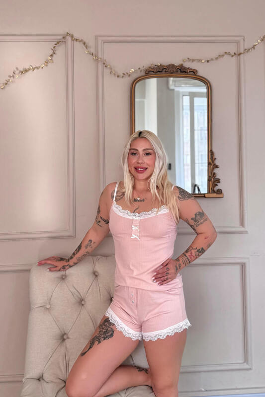 Pudra Dublin Ip Askı Şortlu Kadın Pijama Takımı - Pijamaevi (3)