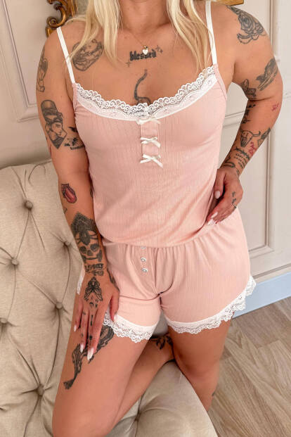 Pudra Dublin Ip Askı Şortlu Kadın Pijama Takımı - 5