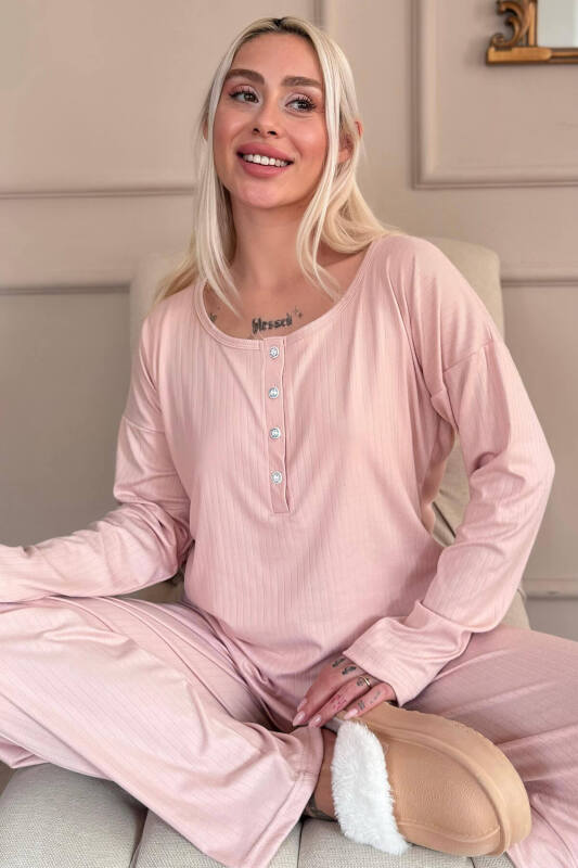 Pudra Dublin Uzun Kollu Patlı Kadın Pijama Takımı - Pijamaevi