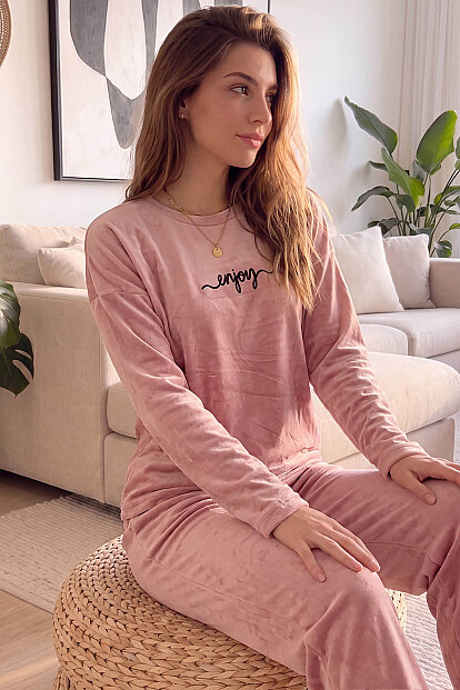 Pudra Enjoy Desenli Exclusive Kadife Kadın Pijama Takımı  - 2